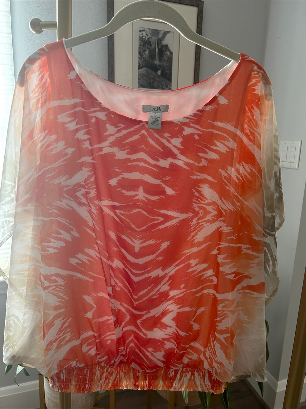 Cache Coral and Cream Sheer Printed Blouse